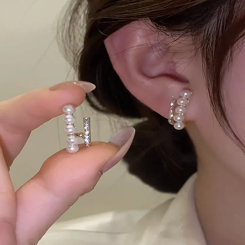 

2022 New Arrival Stud Earrings Fashion Pearl Women Classic Double-layer Rhinestone Pearl Earrings Female Korean Simple Jewelry