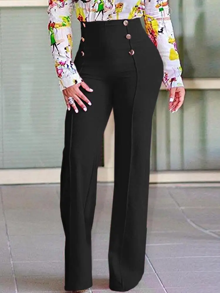 

VONDA Y2K Women Oversized Fashion Pantalon Female Solid Wide Leg Button Street Palazzo High Waist Pants Long Trouser Ol Turnip