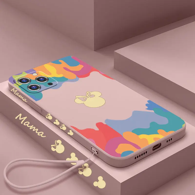 

Disney Mickey Minnie Cartoon Mobile Phone Case with Lanyard for iPhone 7/8 plus x/xs xr xsmax 11 pro max 12pro max Cute Shell