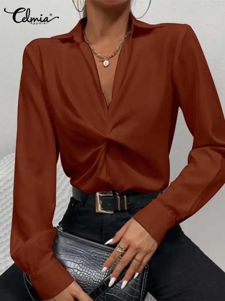 

Celmia Women Twisted Lapel Shirt Elegant Long Sleeve Tops Summer 2022 Fashion Knot Design Blouse Casual Loose Solid Satin Blusas