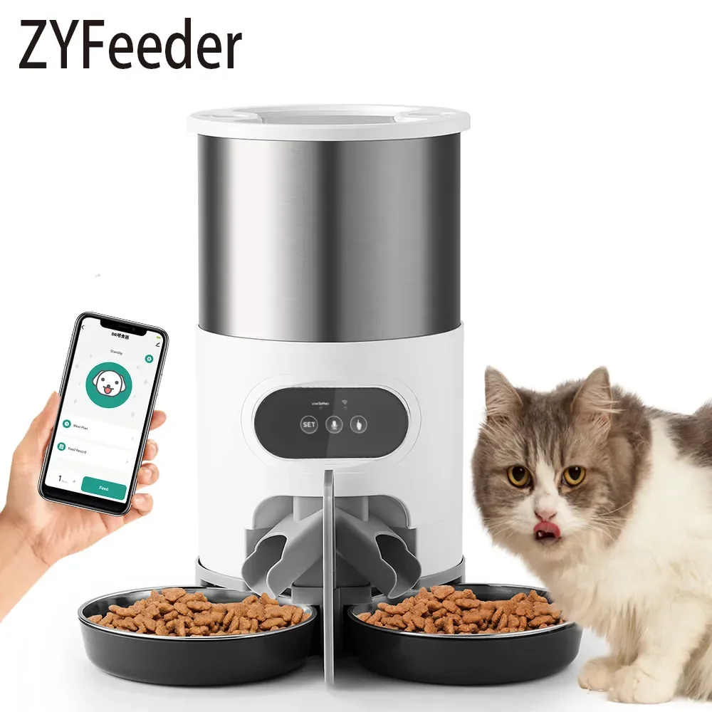 

Умная кормушка для кошек и собак с чашей из нержавеющей стали, Wi-Fi, таймерная запись, автоматическое приложение для еды, для домашних животны...