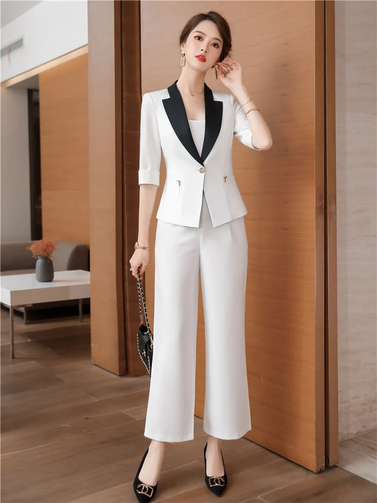 Conjunto de traje de dos piezas para mujer, Blazer elegante de cintura alta, pantalones de pierna ancha, chaqueta rosa y blanca con un solo botón, Primavera