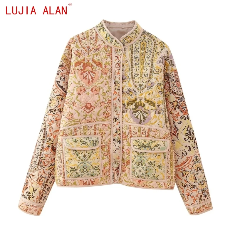 

Autumn New Women Patchwork Printed Patch Pocket Coat Female Casual Long Sleeved Loose Tops LUJIA ALAN C1995