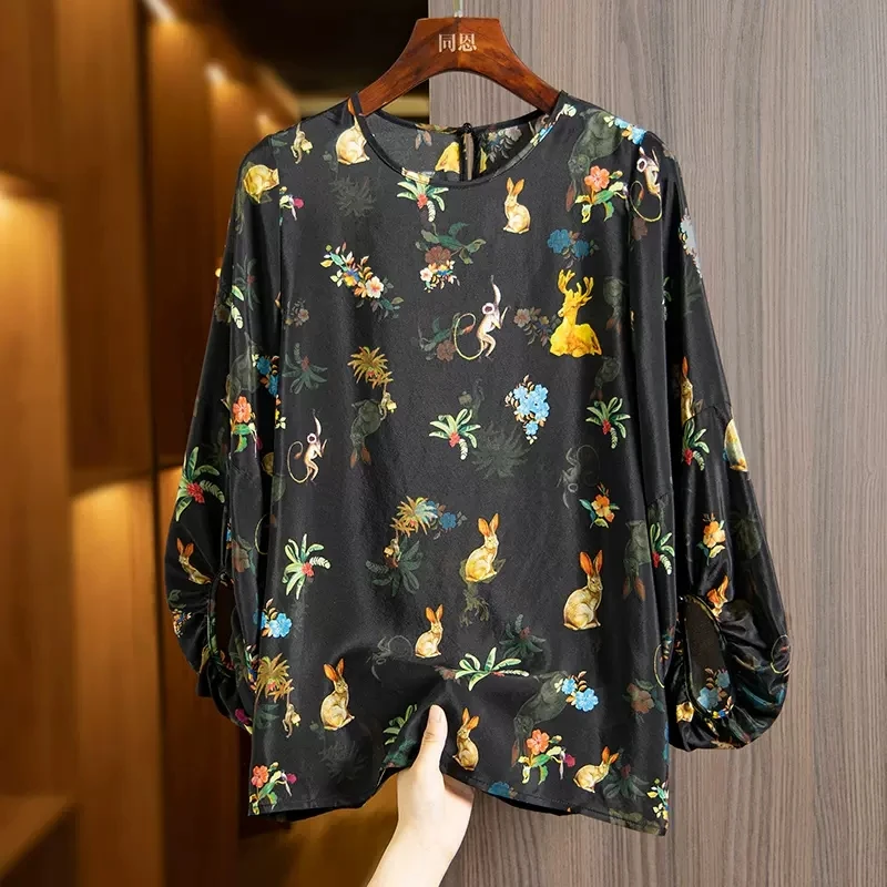 

YCMYUNYAN Summer 2023 New Chiffon Print Vintage Blouses Loose Long Sleeves Top O-neck Ladies Clothing Satin Women's Shirts