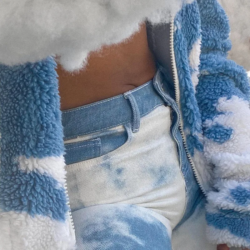 Ladies Winter Streetwear Blue Sky and White Cloud Printing Lamb Wool Coat Teddy Coat Furry Wool Warm Cardigan Ladies Coat Women