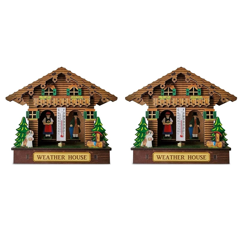 

2X Weather House Forest Weather House With Man And Woman Wood Chalet Barometer Thermometer And Hygrometer