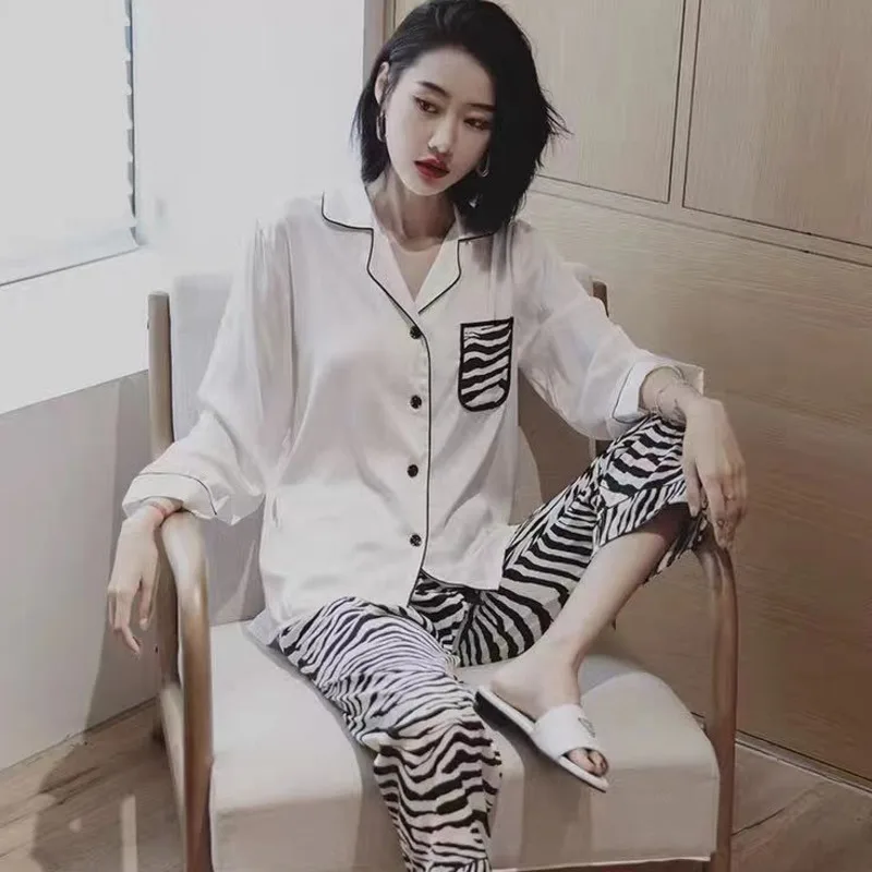 

New Ladies Summer Ice Silk Silk Sexy Long Sleeve Homewear Thin Long Sleeve Pajama Set Women Silk And Satin Two Piece Suit