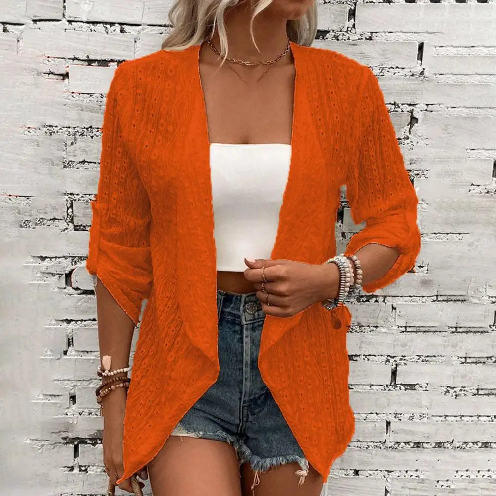 

Three Quarter Sleeve Women Jacket Stylish Women's Open Stitch Cardigans Breathable Soft Irregular Loose Fit for Spring Fall