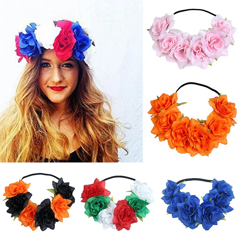 

Rose Flower Crown Headbands Women's Hawaiian Stretch Faux Floral Headband Festival Party Hair Garland Wedding Headpieces