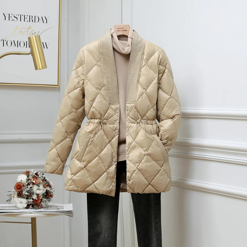 New Style Diamond Cotton Jacket Women's V-neck Korean Style Waist Slimming Ladies Long-sleeved Autumn and Winter Jacket Trend