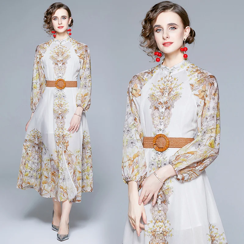 

Women's New Summer Style High-end Temperament Stand Collar Long Sleeve Linen Positioning Printing Belt Holiday Long A-line Dress