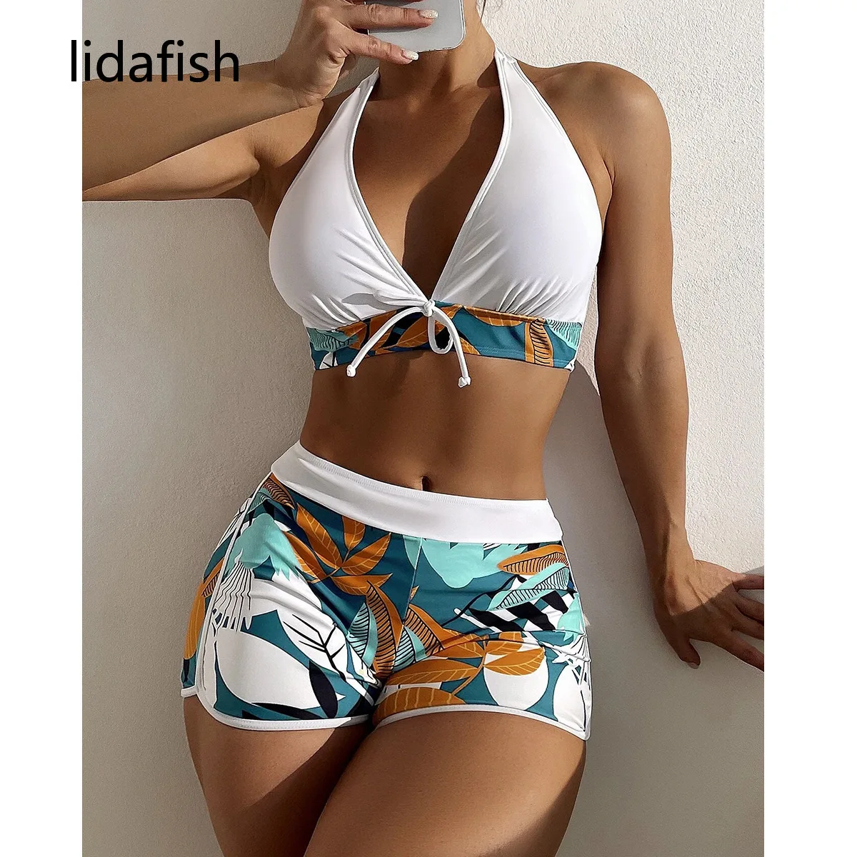 lidafish 2022 New Boxer Pants Bikinis Set Leaves Print Swimwear Women Two Pieces Swimsuit Biquini Summer Bathing Suit