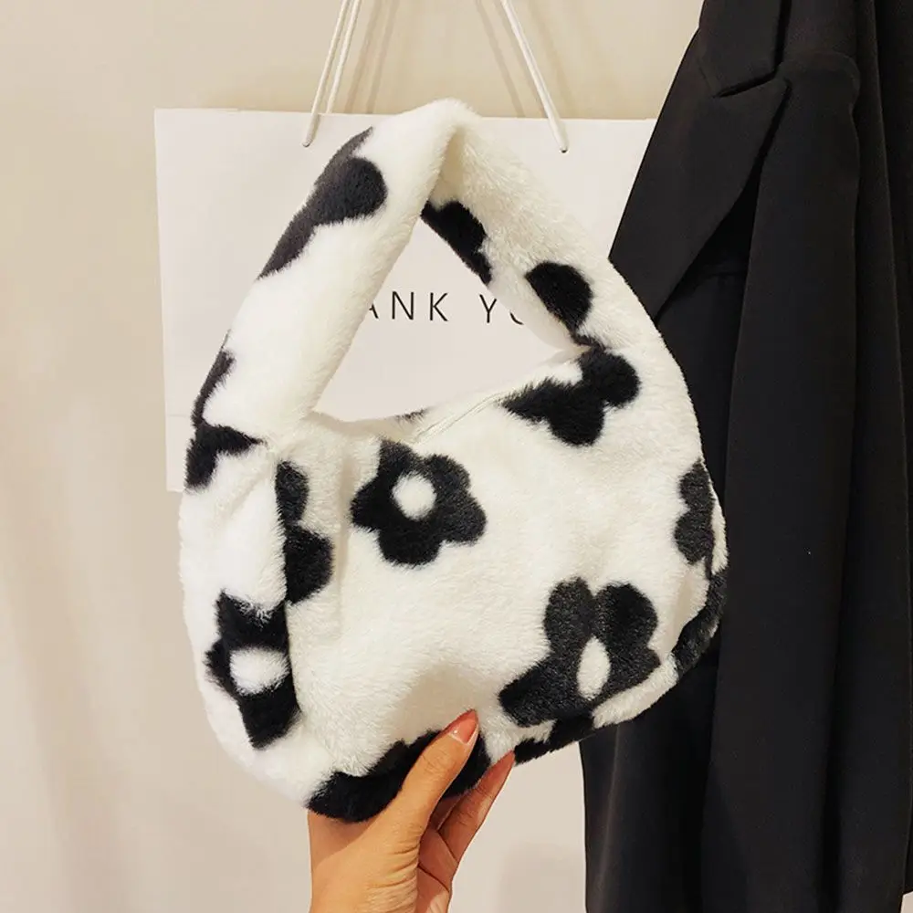 

Женские сумки на плечо с цветочным принтом, женская зимняя мягкая плюшевая сумка, сумки с коровьим принтом, пушистые сумки, милые кошельки д...