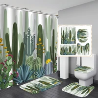 tropical plants cactus shower curtain set non slip rug toilet lid cover bath mat succulent flower fabric bathroom decor curtains