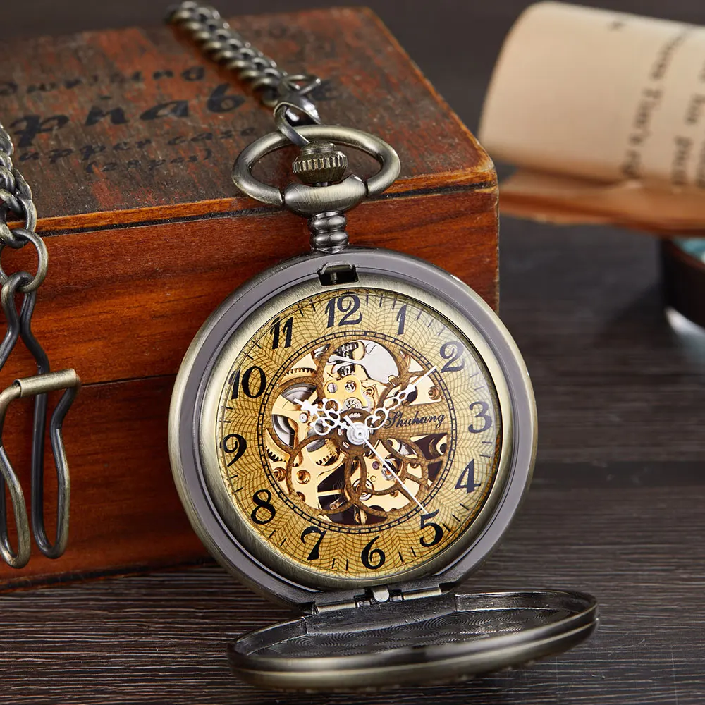 Vintage Number Dial Mechanical Pocket Watch Wood Circle Carved Men Unique Hollow Steampunk Retro Mechanical Clock Watches Chain