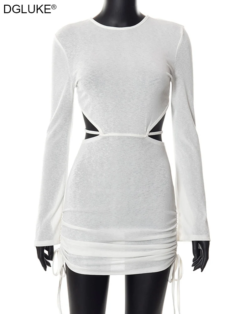 Белое вязаное крючком сексуальное пляжное платье с длинным рукавом открытой