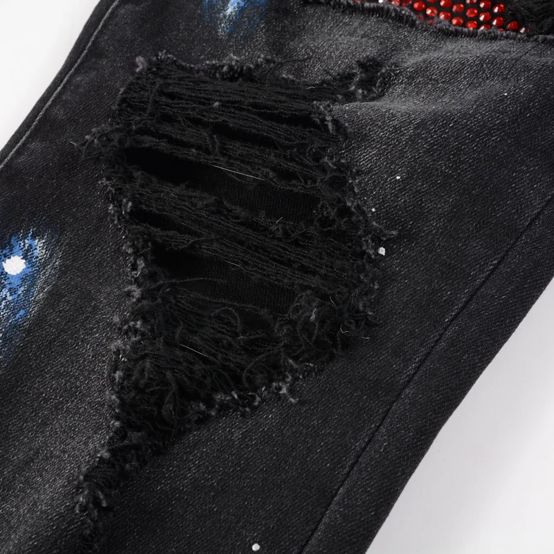 Street Fashion Men Jeans Retro Black Gray Stretch Slim Fit Paint Hole Ripped Jeans Men Patch Designer Hip Hop Brand Pants Hombre
