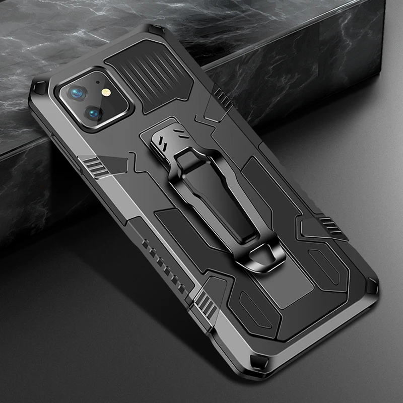 

Shockproof Case For iPhone 12 11 13 14 Pro Max XR Xs X 8 7 6s Plus SE 2022 Metal Belt Clip Hybrid Rugged Armor Stand Back Cover