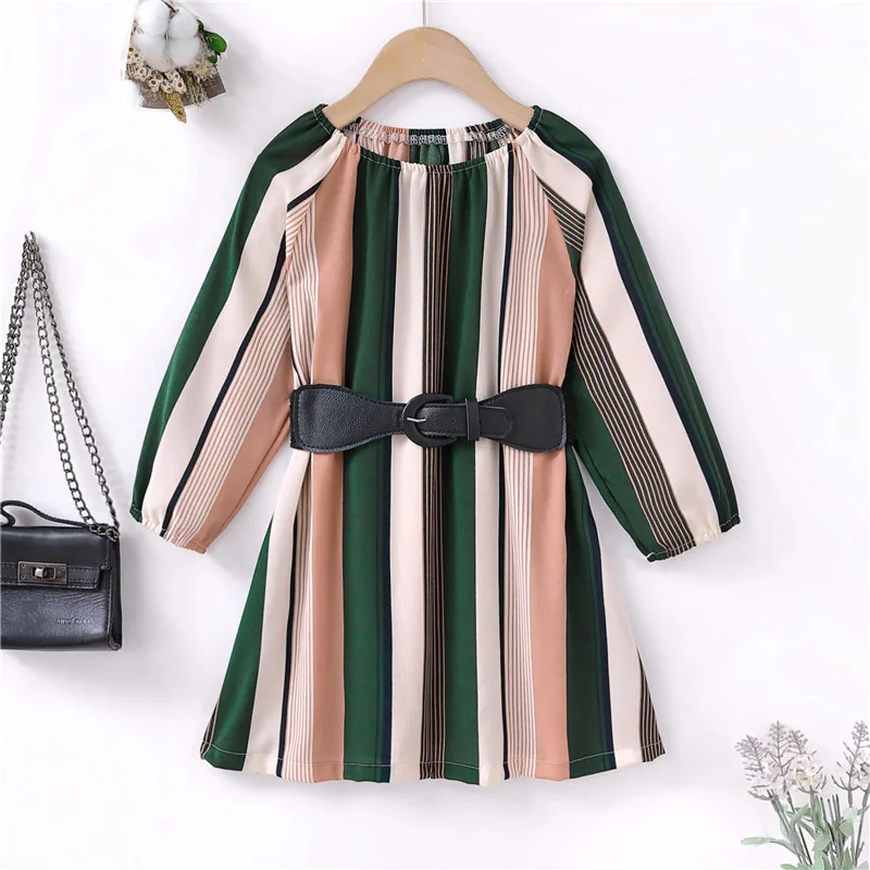 

Осенние новые модные повседневные платья для девочек в европейском и американском стиле с поясом, платье для девочек от 3 до 7 лет, одежда для детей