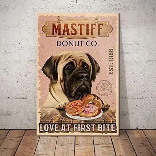 

Mastiff Dog Metal Tin Sign Donut Co. Love At First Bite Printing Poster Restaurant Living Room Cafe Home Art Wall Decoration