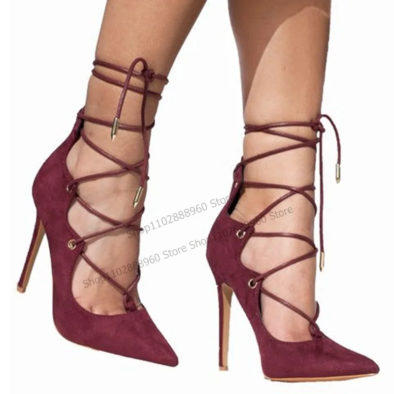 Туфли-лодочки женские с перекрестной шнуровкой флоковые туфли на высоком