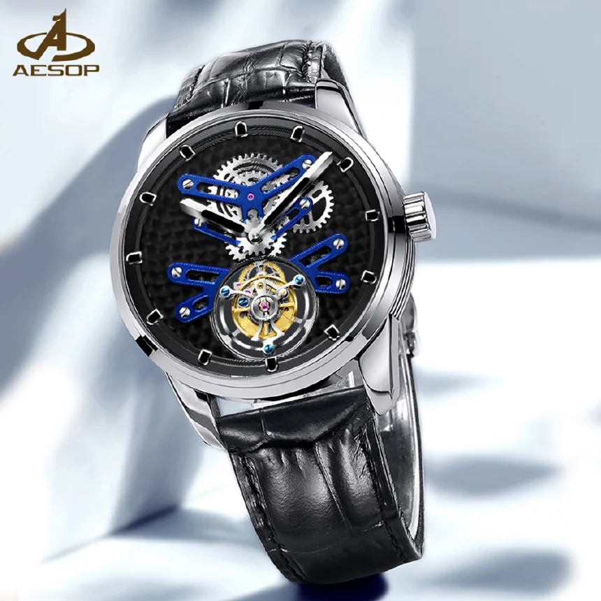 

AESOP Genuine Tourbillon Mechanical Watch For Men Fashion Waterproof Business Trend Watches 7029 Skeleton Dial Steel Strap 2022A