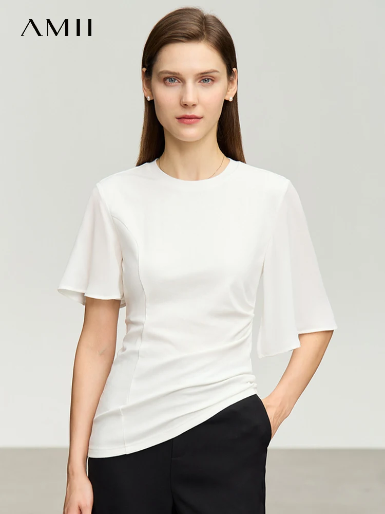 

AMII Minimalism O Neck Chiffon Shirts & Blouses for Women 2023 Summer New Asymmetrical Female Slim French Top Women 12372118