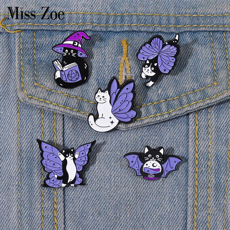 Purple Butterfly Cats Enamel Pins Custom Witchcat Brooches Insect Lapel Badges Animal Jewelry Gift for Kids Friends