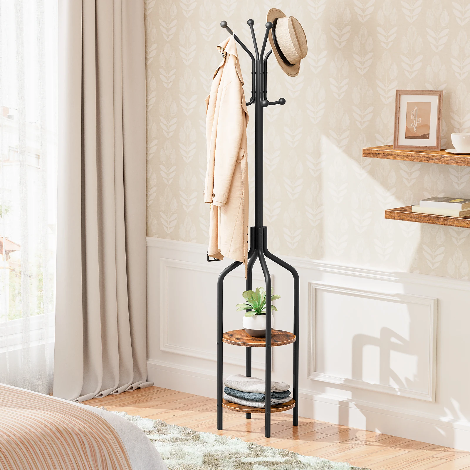 

HOOBRO Coat Rack Coat Stand with 2 Shelves and 8 Hooks Hall Tree Free Standing Clothe Stand Metal Frame For Hallway Rustic Brown