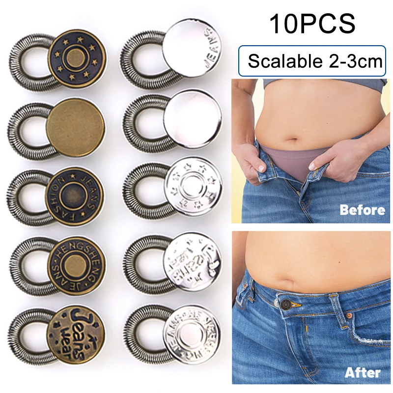 

10PCS Metal Spring Button Pants Jeans Adjustable Waist Extender Buttons Free Sewing Retractable DIY Waistband Expander Button