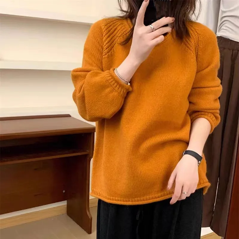 

Korean Retro Curled Solid Color Pullover New Loose Round Neck Soft Glutinous Sweater Women's Top