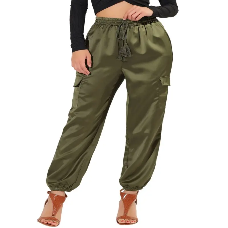 

HMCN Women`s Drawstring Elastic High Rise Silky Satin Cargo Solid Pants