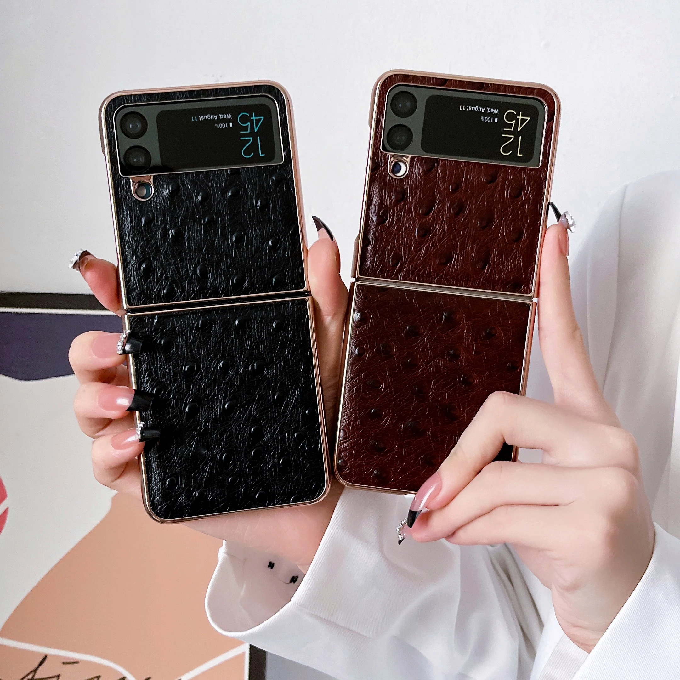 Retro Genuine Cowhide Leather Case For Samsung Galaxy Z Flip 4 3 Flip4 Ostrich Skin Grain Glossy Electroplated Frame Back Cover