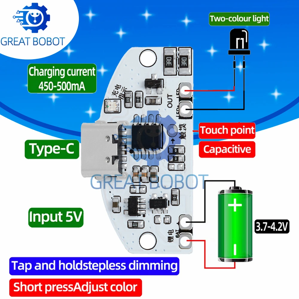 Фото Печатная плата настольной лампы BOBOT Type-C, зарядка через USB, трехступенчатое бесступенчатое затемнение, светодиодный сенсорный небольшой модуль управления ночником №1