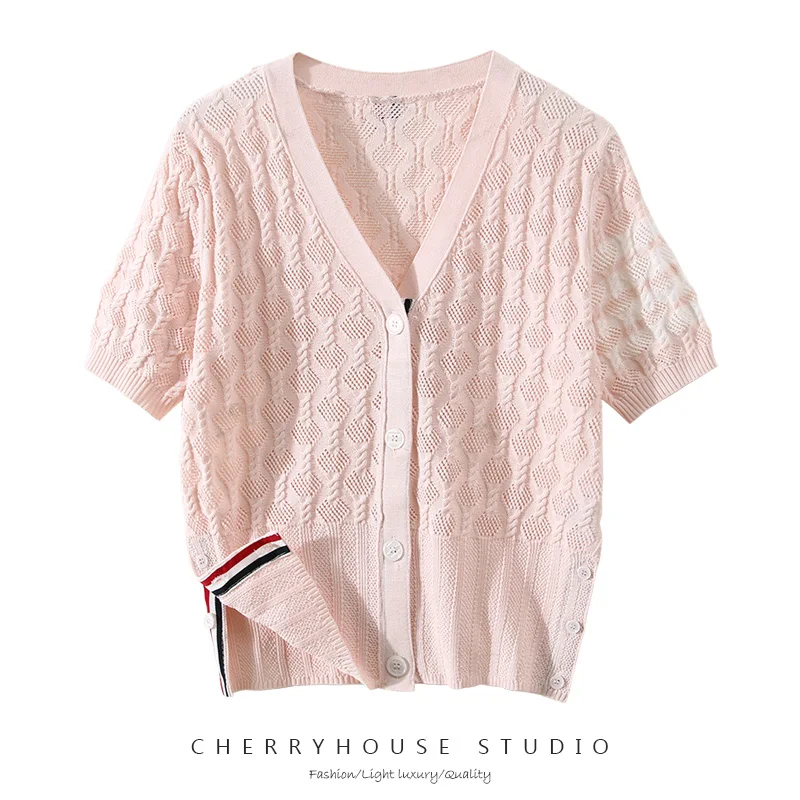 Summer new TB college style twist knitted hollow sweater cardigan women's short ice silk top coat |