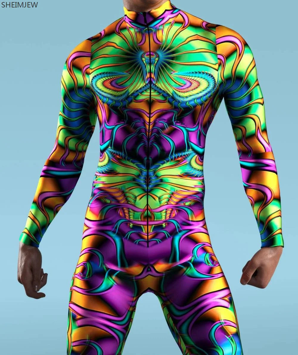 

New Colorful Machine Zentai Men For Bodysuit Front Zipper Jumpsuit Carnival Festival Outfit Thumb Sleeves Cosplay Costume