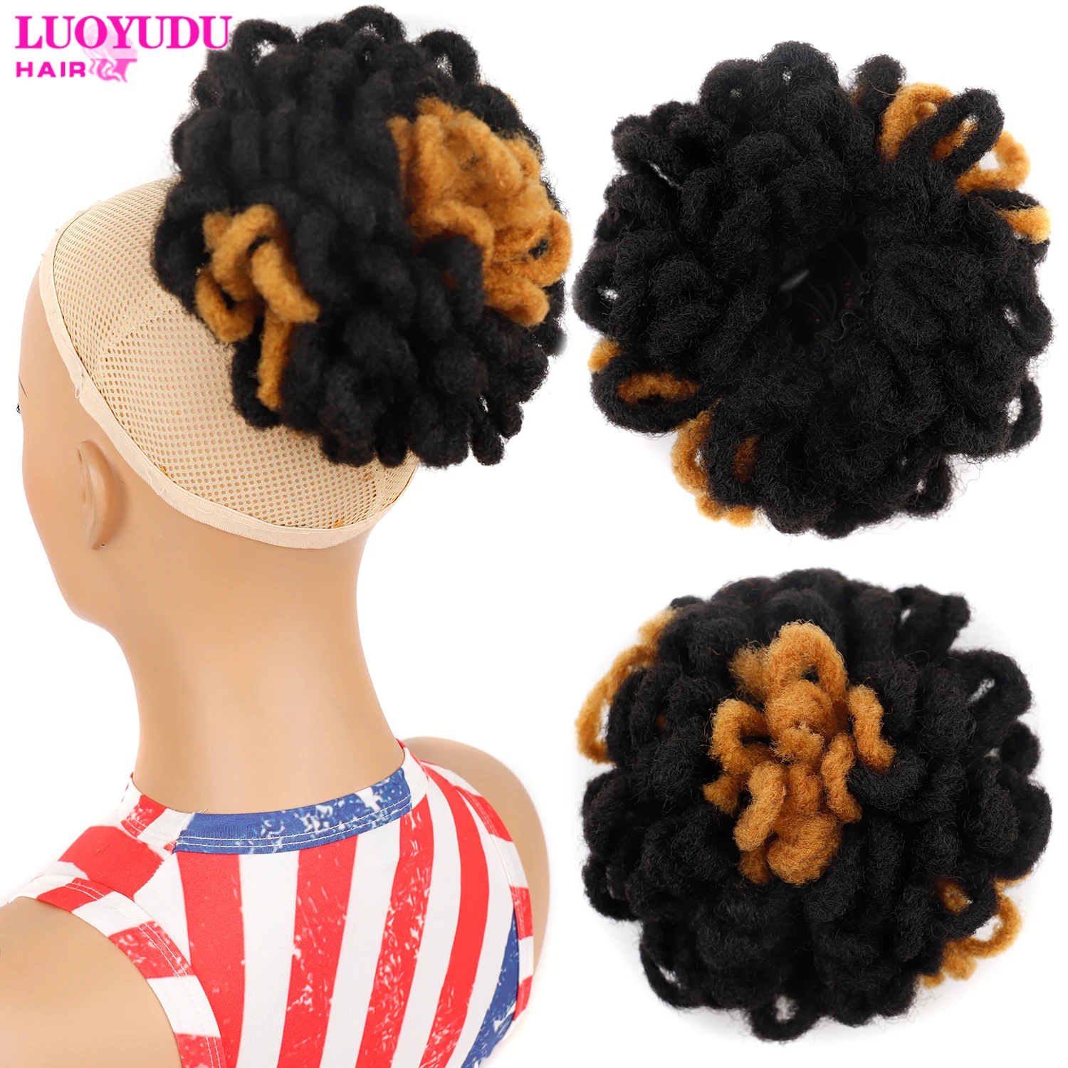 Luoyudu Synthetic DreadLock Afro Puff Drawstring Hair Bun Braided Faux Locs Chignon Ponytail Clip In Kinky Ponytail Bun Hair