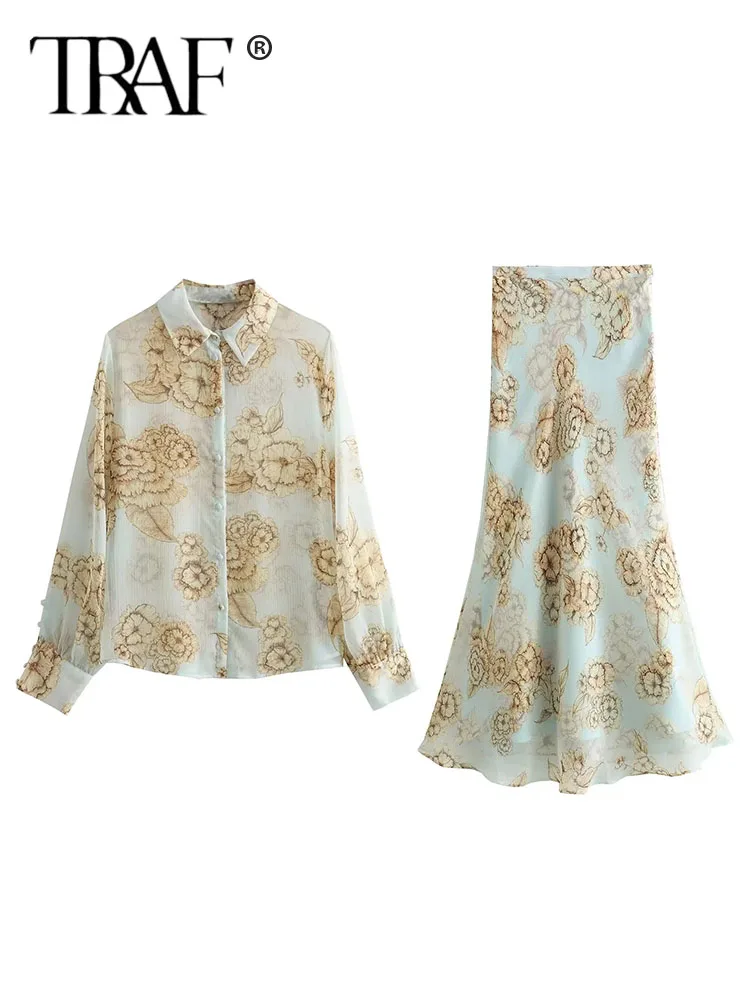 

Женский Полупрозрачный костюм из двух предметов, рубашка и юбка с принтом