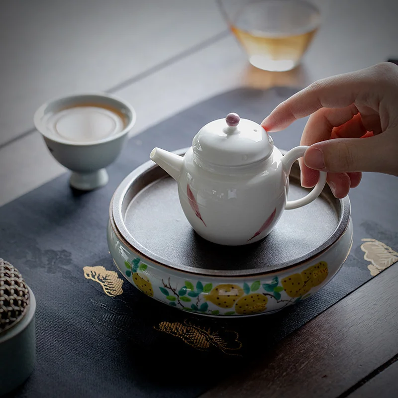300ml Pure Hand-painted Pomegranate Tripod Pot Bearing Support Dry Soaking Platform Purple Sand Pot Water Storage Raising Plate