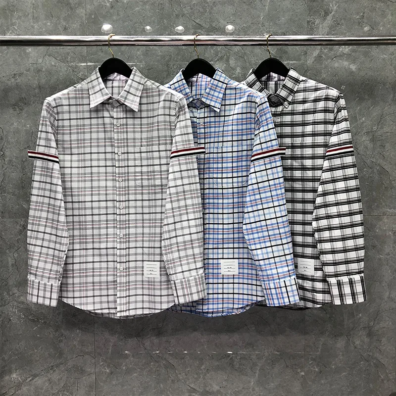 

TB Man's Shirts Check Stripe New Shirts Men Slim Plaid Shirt Striped Oxford Cotton Spring Fit Long Sleeve Casual Men's Clothing