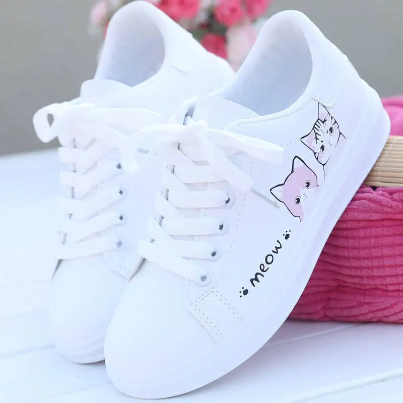 

2022 New Arrival Fashion Lace-up Women Sneakers Women Casual Shoes Printed summer Women Pu Shoes Cute Cat Canvas Shoes