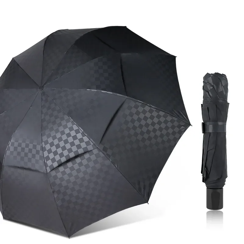 

NEW2023 Windproof 3Folding Umbrella Rain Women Men Double Layer Big 10K Business Umbrellas Male Dark Grid Paraguas Family Travel