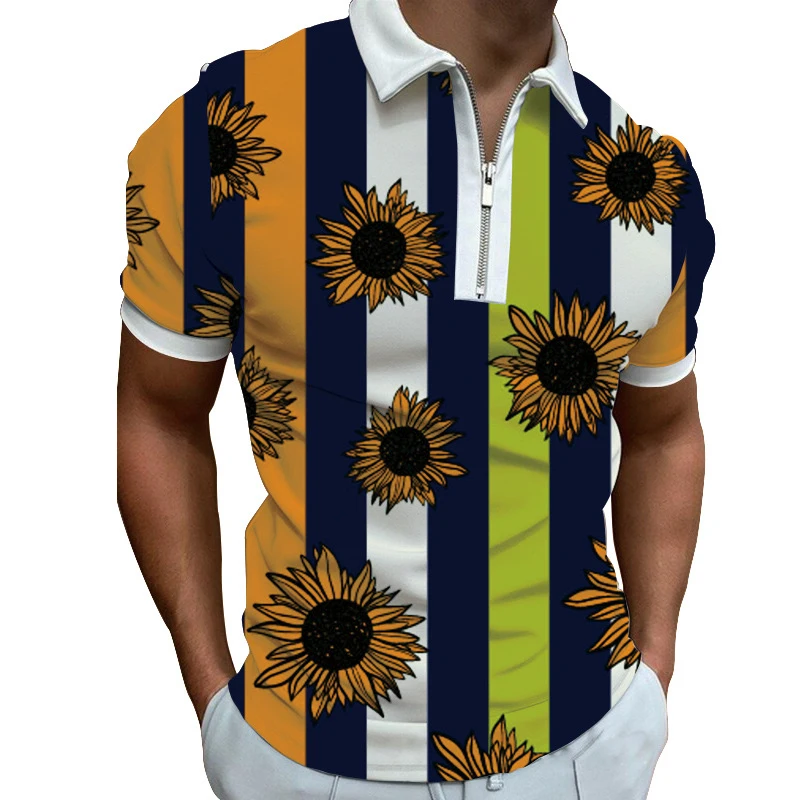 

Sunflower pattern Polo Shirt for Men Hawaiian 3D Print Zipper Polo Short Sleeve Summer Shirt