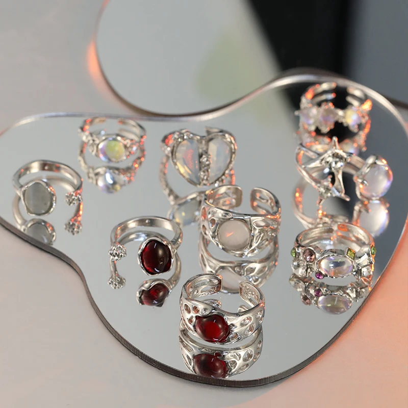 Асимметричные Открытые Кольца Y2k, кольца с лунным камнем в форме сердца для женщин и девушек, милые и крутые модные эстетические ювелирные и...