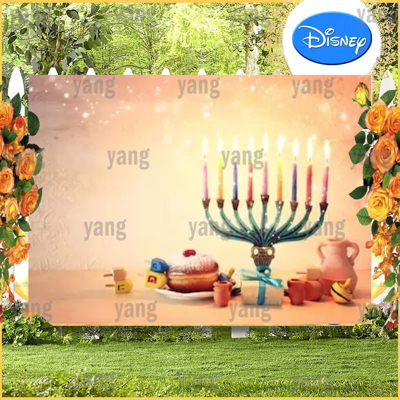 Custom Happy Hanukkah Backdrop Decoration Menorah Candelabra Colorful Candle Dreidel Jewish Holiday Family Glitter Background