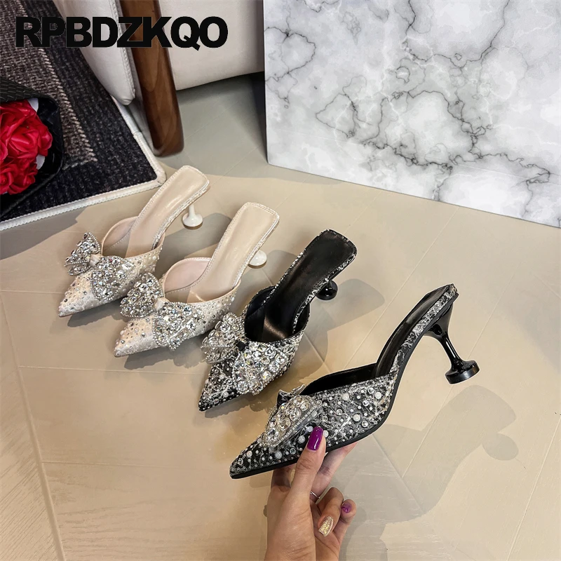 

Шлепанцы с жемчужным бантом и закрытым носком, шлепанцы с шелковыми бриллиантами, сатиновые туфли-лодочки на высоком каблуке, туфли-лодочки, женские босоножки, мюли