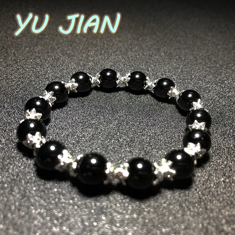 Obsidian Men's Women's Fashion  Jewelry Bracelet 6-10mm Natural Round Beads Elastic Bangle Delicate Accessories