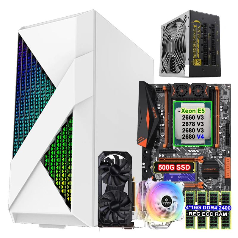 Игровая компьютерная материнская плата HUANANZHI, системная плата Xeon 2678 V3 2680 V4, кулер ЦП 4*16 Гб ОЗУ 500 Гб M.2 SSD GPU GTX1660 6GD5 750 Вт, чехол для ПК с блоком питания
