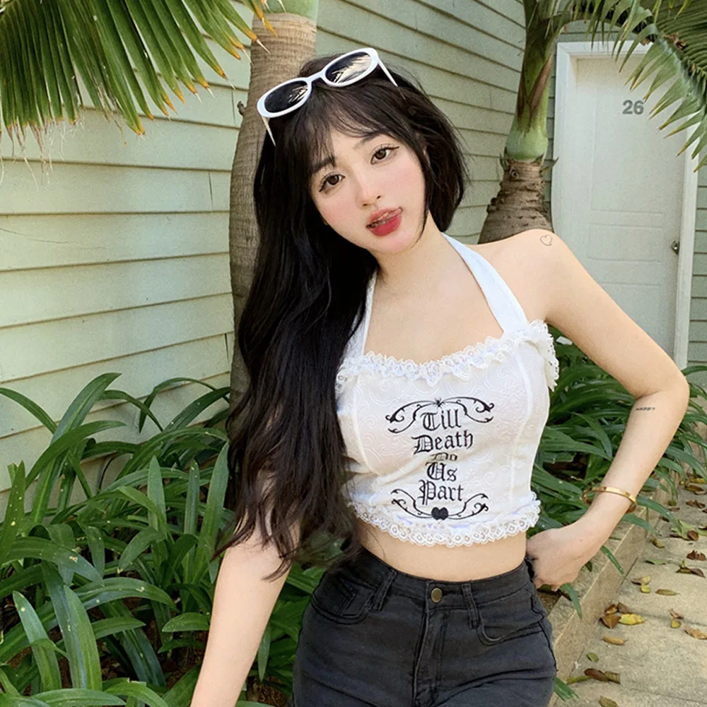 Text Embroidery Lace Sweet Camisole Women's Summer French Sexy Halter Neck Tanks Gothic Style Short Girls Crop Top Y2k Clothes