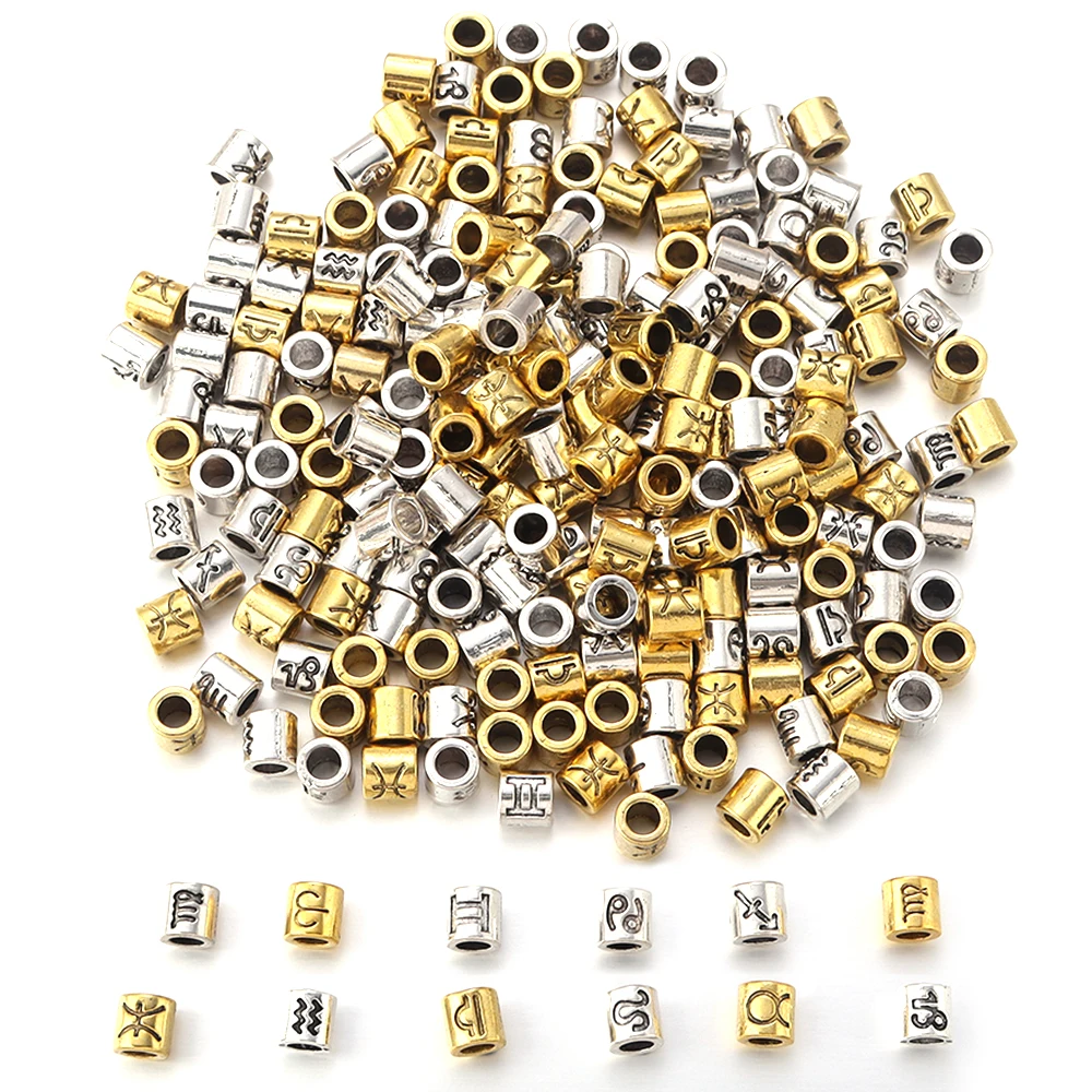 

60Pcs/lot 4mm Alloy Zodiac Constellation Tube Beads Charm Big Hole Spacer Beads For Jewelry Making Accessories DIY Bracelet